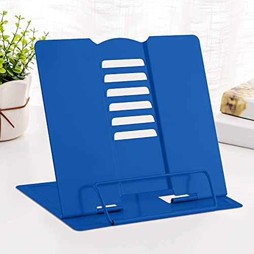 MSDADA Desk Book Stand Metal Reading Rest Book Holder Adjustable Cookbook Documents Holder Portable Sturdy Bookstands for Recipes Textbooks Tablet Music Books with Page Clips (Blue) - color: Blue