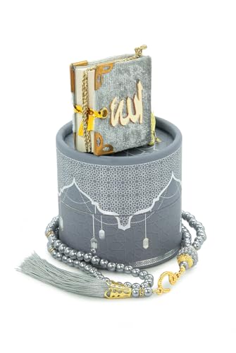ihvan online Mini Quran & Tesbih Gift Set with Cylinder Box – 99 Pearl Muslim Prayer Beads, Misbaha Tasbeeh Sibha Mala – Islamic Ramadan, Eid & Mawlid Gift for Men & Women, Gray - color: Gray