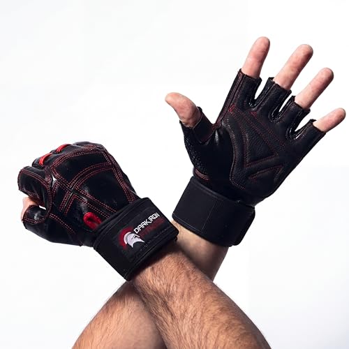 Dark Iron Fitness Genuine Leather Gym Gloves for Men Women, Wrist Wrap Support Workout Gloves for Weight Lifting Crossfit Deadlift Barbell Exercise Palm Padding Callus Protection Grips - size: Small