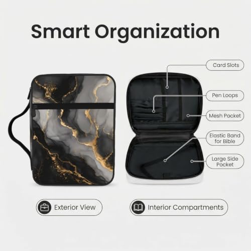 Black Marble Pattern Bible Cover Case with Handle and Zippered Pocket - color: Black Marble Pattern