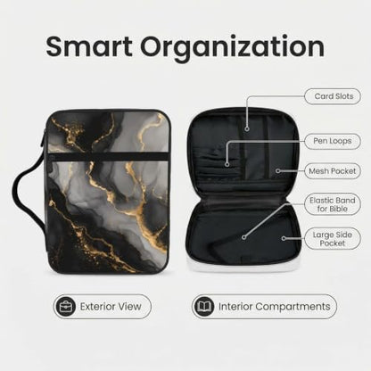 Black Marble Pattern Bible Cover Case with Handle and Zippered Pocket - color: Black Marble Pattern