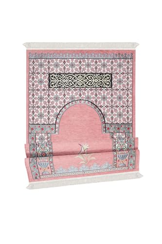 Pink Mihrab Lale Pattern Embossed Prayer Rug 25.6 x 43.3 in | Special Weave Jacquard Cotton | Classic Ottoman Art Inspired | refined Islamic Worship Mat for Women and | Comfortable Prayer Experience -