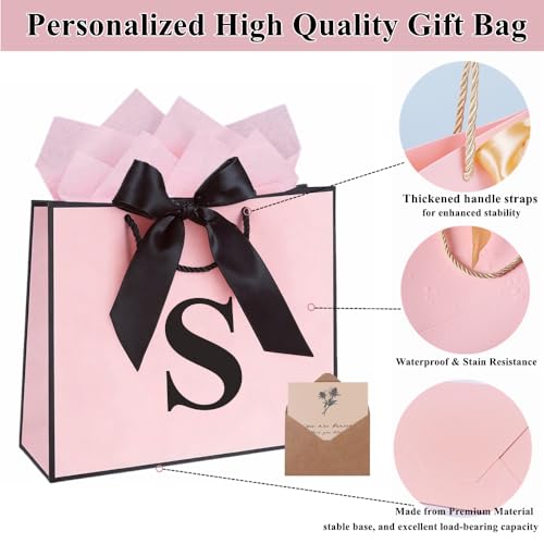 Topaliving Personalized Gift Bag with Card and Tissue Paper, 26 Letters Birthday Gift Bag 13'' Custom Valentines Weddings Present with Initials/Numbers for Women Men Kids (Red,W) - color: Red, size: W