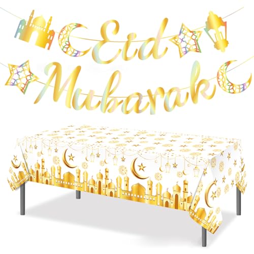 HOWAF Eid Mubarak Party Decorations Supplies, 1 Gold Glitter Eid Mubarak Banner 1 Gold Ramadan Mubarak Tablecloth for Eid Holiday Party Favors, Gold Moon Star Ramadan Kareem Party Supplies