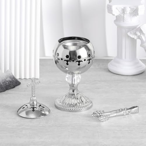 Zonon 1 Set Incense Burner with Tong, Frankincense Charcoal Incense Stand Holder, Ideal for Yoga, Spa, Aromatherapy, Home and Christian Church Censer (Silver,Retro) - color: Silver, size: Retro