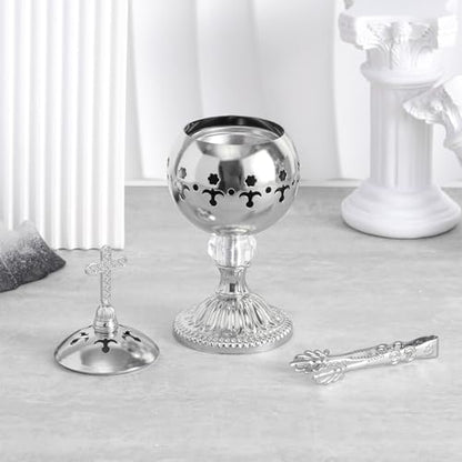 Zonon 1 Set Incense Burner with Tong, Frankincense Charcoal Incense Stand Holder, Ideal for Yoga, Spa, Aromatherapy, Home and Christian Church Censer (Silver,Retro) - color: Silver, size: Retro