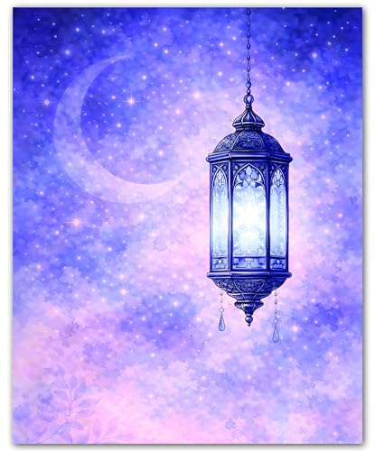 ZUKIY Islamic Wall Art - Single Blue Lantern - Muslim Wall Decor for Living Room - Islamic Home Decor - 8x10 Unframed Poster - color: Single Blue Lantern