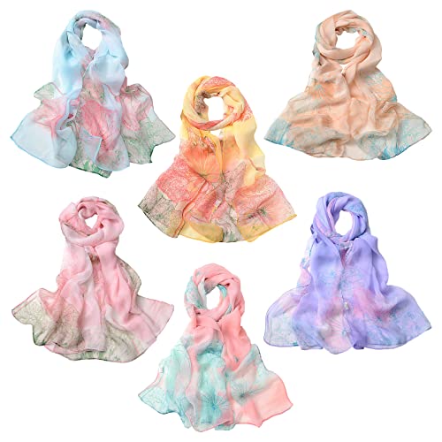 amokk 6 Packs Fashion Scarves for Women Lightweight Chiffon Scarfs for Women Summer Shawl Warp Floral Head Scarf - color: Color-1