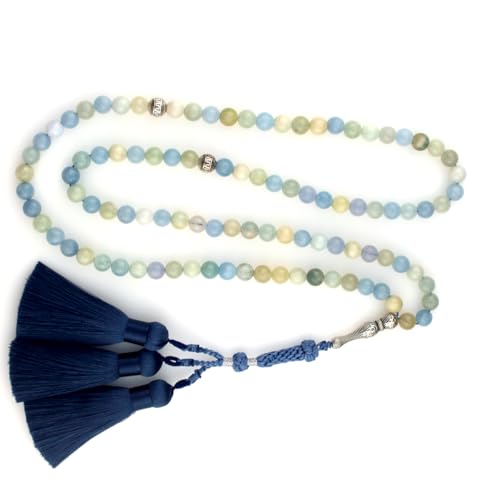 Muslims Islamic 99 Dhikr Tasbeeh Tasbih Prayer Beads, Light Blue Stone Beads with Tassel