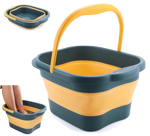 Collapsible Foot Bath Basin Tub for Soaking Feet, Plastic Foldable Foot Spa Bucket Tools with Handle and Massager Acupoint for Camping Travel - color: Teal/Yellow