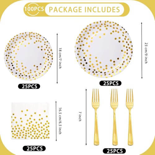 100 PCS Gold Paper Plates 9 Inch & 7 Inch,Napkins Disposable - color: White Gold