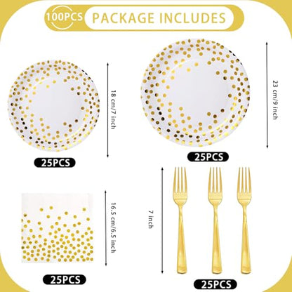 100 PCS Gold Paper Plates 9 Inch & 7 Inch,Napkins Disposable - color: White Gold