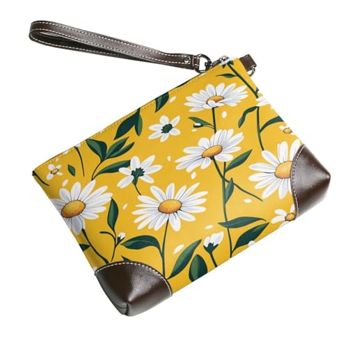 Leather Clutch Purse for Women, Large Capacity Wristlet Wallet with Removable Strap, Zip Handbag - color: Daisies on Yellow Background