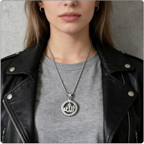 Hip Hop Stainless Steel Iced Out Hollow Allah Pendant Round Necklace - color: Steel