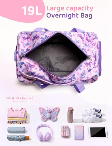 Girls Overnight Duffle Bag,RAVUO Cute Butterfly Kids Sport Gym Bag with Shoe Compartment, Carry On Weekender Travel Bag for Teens - color: Butterfly