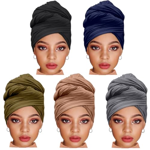 ZRQ 5 Pieces Stretch Jersey Turban Fashion Headband Soft Breathable Long Lightweight and Comfortable Tie Head Wraps for Black Women (Black,Army Green,Dark Blue,Camel,Dark Grey) - color: Black,army Green,dark Blue,camel,dark Grey