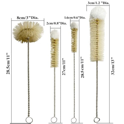 Bottle Brushes Thin Long Handle X 4, Natural Boar Bristle Set | Slim Stainless Steel Bendable Flexible Wire Cleaner, 3 Pcs with Wool Tip for Narrow Neck Bottles & Round for Wide Mouth Jars