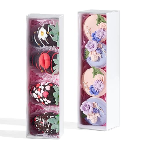 TEMLQPACK 25Pack White Strawberry Box for 4, Macaron Boxes, Long Treat Box for Truffles, Cookies, Ores, Chocolate Cocoa Bombs, Cake Ball Birthday Party Favors&Bakery Supplies - color: White