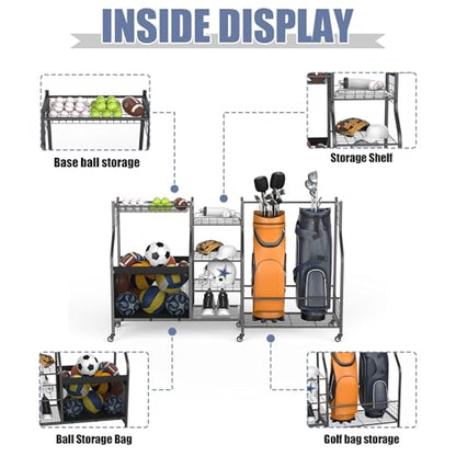 WALMANN Golf Bag Storage Rack with Wheels, Rolling Sports Equipment Organizer, Large Capacity Garage Storage Cart for Balls, Golf Bags - style: Rolling Stand for 2 Bags