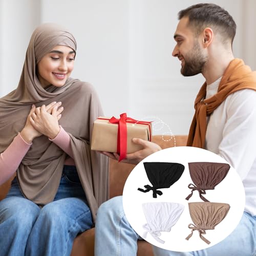 4 PCS Women's Hijab Undercaps, Turban Beanie Caps with Tie Back Closure
