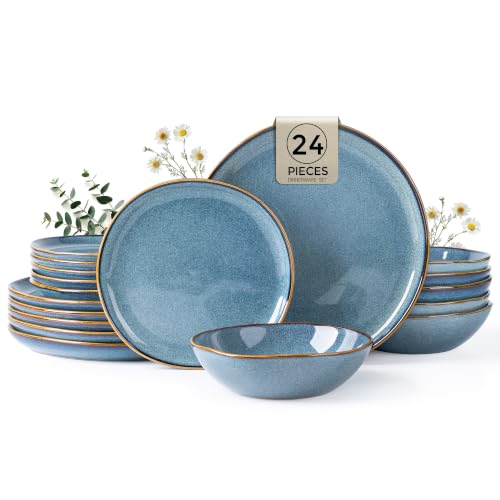 AmorArc Ceramic Dinnerware Sets for 8, 24Pcs Plates and Bowls Sets Dishes - color: Mediterranian Blue, size: Service for 8(24Pcs)