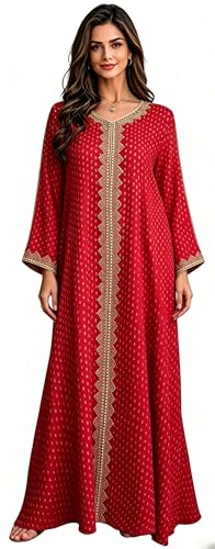 Women Muslim Abaya Dress V Neck Embroidered Kaftan Long Sleeve Loose Islamic Maxi Prayer Robe for Ramadan Eid - color: Red, size: XX-Large