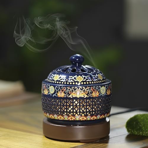 Electric Resin Burner with Timing,Ceramic Electric Incense Burner,Bakhoor Burner Censer 110 V for Home Porch,Patio,Garden,Office,Yoga, Living Room, Meditation Room (Enamel)