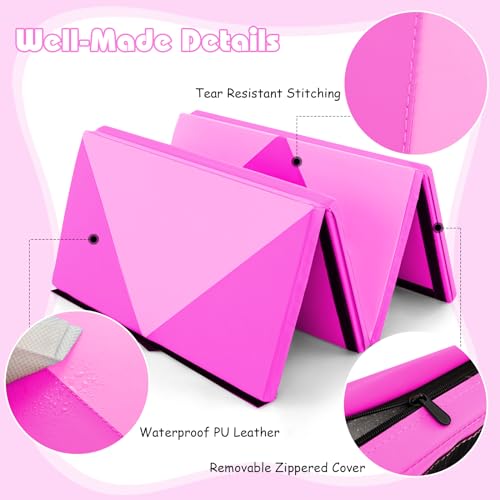 Goplus Gymnastics Mat, Folding Tumbling Mat with Carry Handles, Hook & Loop Fasteners, 4 Panels for Fitness Exercise Yoga Stretching Aerobics Workouts, Thick Gym Mats for Home - color: Pink&Rose