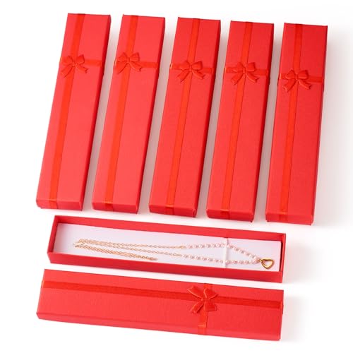 Sparkeads 10pcs Necklace Cardboard Boxes Bulk Red Paper Rectangle Box Cases with Bowknot for Birthday Wedding Christmas Necklaces Jewelry Packaging 7.8 x 1.6 Inches