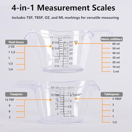 4 Pack Small Measuring Cups, 2oz/60ml Mini Measuring Cup with tsp/Tbsp/oz/ml Markings, Clear Easy-Read Scale for Kitchen, Resin, DIY, Beauty Mixing (4)