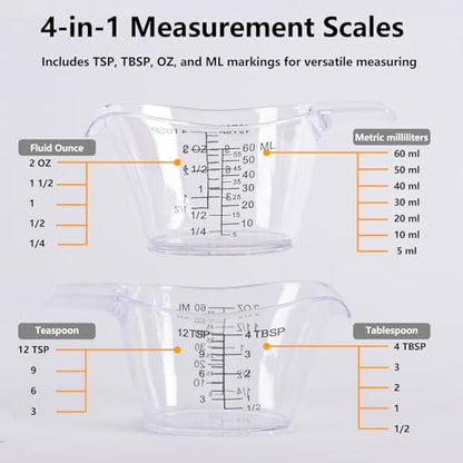 4 Pack Small Measuring Cups, 2oz/60ml Mini Measuring Cup with tsp/Tbsp/oz/ml Markings, Clear Easy-Read Scale for Kitchen, Resin, DIY, Beauty Mixing (4)