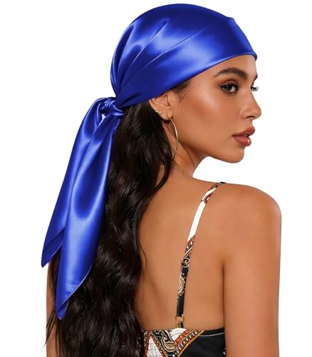 Sumolux Head Hair Scarf for Women 35" Like Satin Silk Scarf Hair Wrapping Night Bandana Large Square Scarves - color: A Solid Blue
