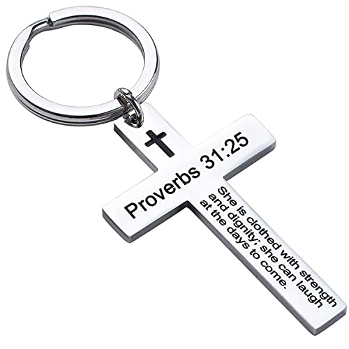 Ldurian Bible Verse Keychain Christian Cross Keychain for Women, Cross Key Chain for Men Religious Scripture - style: Proverbs 31:25