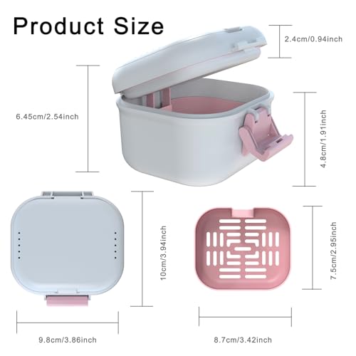 BVN Upgraded Leak Proof Denture Bath Cup with Strainer & Storage Compartment | Portable Soaking Case for Dentures, Braces and Travel Retainers - color: White+pink