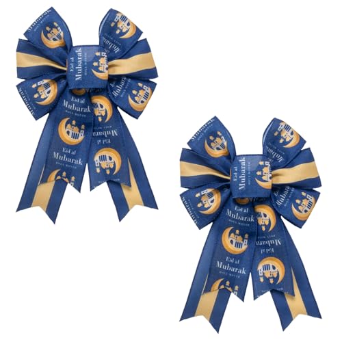 ALIBBON 2 Pcs Ramadan Kareem Bows for Wreaths, Eid Mubarak Wreath Bows Moon Castle Blue Gold Stripe Ribbon Bow for Front Door, Ramadan Decorations Tree Topper Bow for Indoor Outdoor Holiday Decor - color: Blue-b