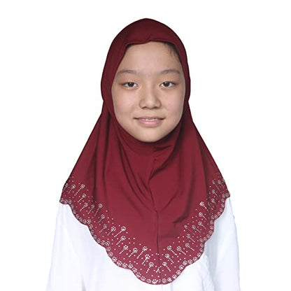 Girls Hijab with Rhinestones – Sparkly Non-Slip Amira Scarf for Kids, for Daily Prayer, School, Ramadan & Eid (Ages 4-12) - color: Wine Red-wavy Edge