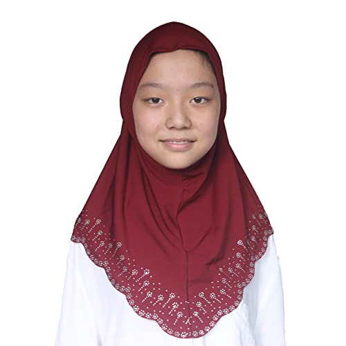Girls Hijab with Rhinestones – Sparkly Non-Slip Amira Scarf for Kids, for Daily Prayer, School, Ramadan & Eid (Ages 4-12) - color: Wine Red-wavy Edge