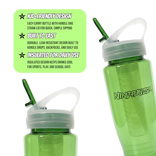 Ninja Kidz Official Kids Water Bottle with Straw, Reusable Water Bottle with Handle, Leak-Resistant, Insulated, Durable, Great for Sports, Official Merch, 0.5 liters, Green - color: Green