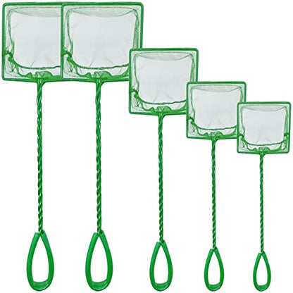 5 Pack Aquarium Fish Net, Multi-Size Fine Quick Fish Catch Nets Nylon Fishing Mesh Nets with Long Plastic Handle for Fish Tank - Green (3in, 4in, 5in, 6in, 6in)