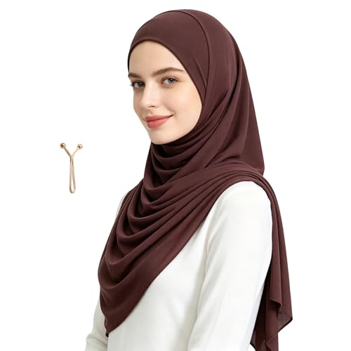 Jersey Hijab Scarf for Women,Lightweight Muslim Turban Head Scarf Modal Feel Hijab Coverings for Prayer with Clip - color: Coffee
