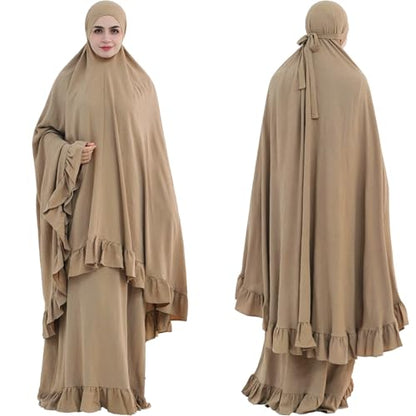 2PCS Abayas for Women Muslim Dress Ruffled Hem Modest Prayer Robe Full Coverage Modest Jilbab Set - color: Khaki, size: Medium