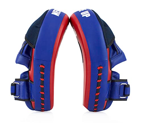 Fairtex FMV13 Maximized Focus Mitts, Muay Thai Kickboxing MMA Punching Pads | Premium Syntek leather shell with multi-layer foam. Curved shape with hook-and-loop wrist strap absorbs trainer strike impact - color: Red/Blue