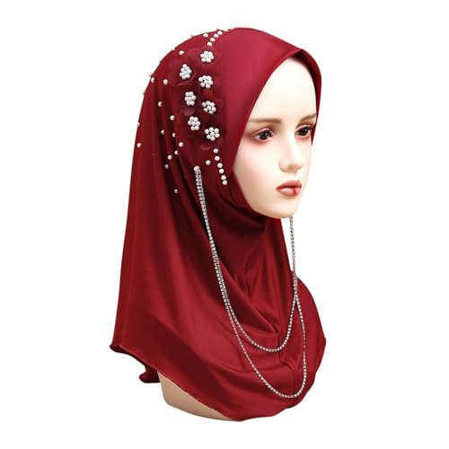 RARITYUS Women Bling Rhinestone Pearl Instant Scarf Muslim Hijab Fashion Shawl Head Wrap Turban Cap with Flower Accent - color: Red