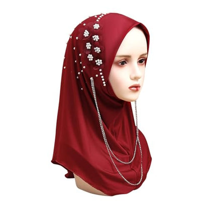 RARITYUS Women Bling Rhinestone Pearl Instant Scarf Muslim Hijab Fashion Shawl Head Wrap Turban Cap with Flower Accent - color: Red
