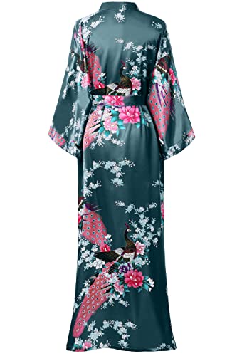 BABEYOND Women's Kimono Robe Long Satin Robes with Peacock and Blossoms Printed Kimono Nightgown - color: Black Blue, size: One Size Plus