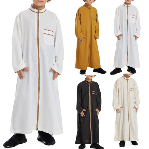 Kids Thobe for Muslim Boys Islamic Arabic Long Sleeve Kaftan 𝐑obe Zipper Prayer Dress for Boys Muslim Thobe Eid Outfit - color: Beige, size: 7-8 Years