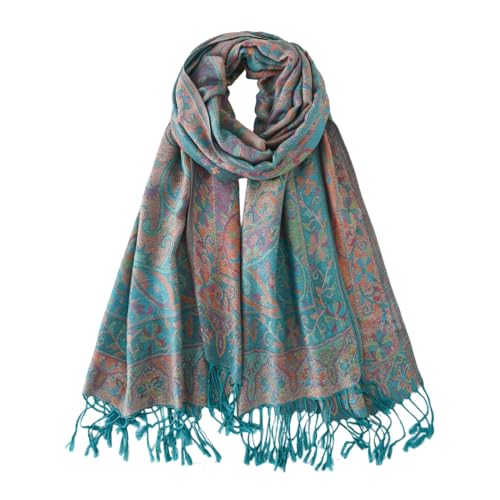 Paisley Pashmina Rave Shawl Scarf-Women's Reversible Ethnic Jacquard Pashmina Wraps for Travel - color: A#. Turquoise