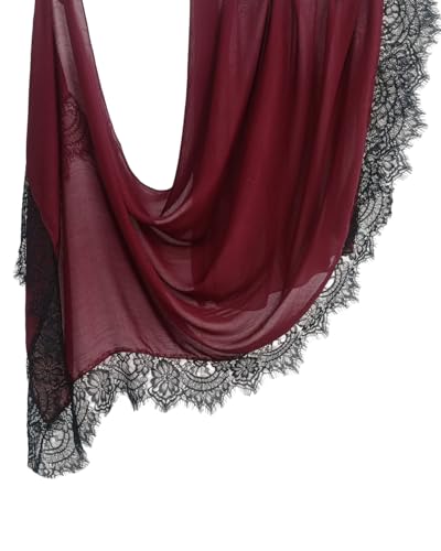 JUMISEE Elegant Floral Lace Hijab Scarf for Women Soft Cotton Head Wrap Instant Hijab Long Scarves Evening Dress Shawl - color: Burgundy With Black Lace Trim