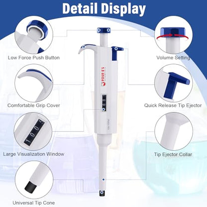 1000uL Micropipette, 1mL Lab Single Channel Micro Pipettes | Adjustable Variable Volume Manual Liquid Pipettor for Liquid, Scientific, School - size: 100-1000μl