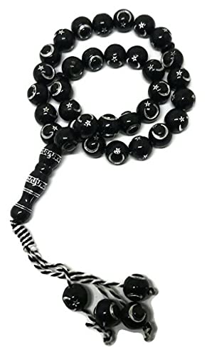 Muslim Bead Tasbih 33 Rosary AMN-277 Islam Prayer dhikr Misbaha with Moon Star Engraved on Islamic Religion Eid Ramadan Gift (Black) - color: Black